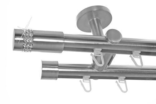 BASIT Gardinenstange Innenlauf Edelstahllook 20mm 2-läufig Decke 320cm D40 | Gardinenstangenset doppelläufig Deckenmontage Metall Vorhangstange Deckenhalterung 120-600cm wählbar Kappe mit Kristall E38
