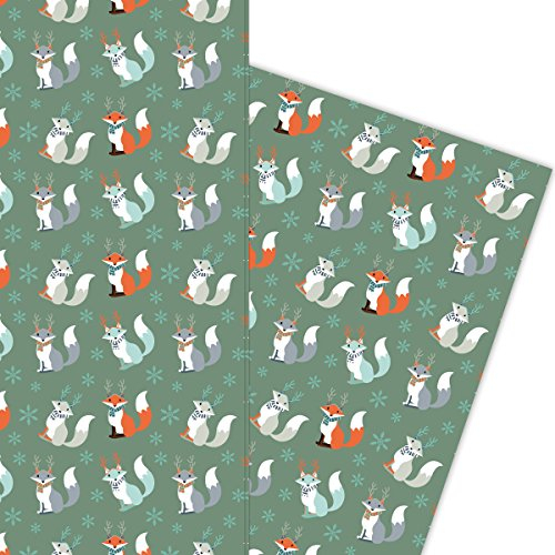 Kartenkaufrausch Süßes Winter Geschenkpapier Set mit Weihnachts Fuchs als edle Geschenk Verpackung, 4 Bögen Musterpapier, Dekorpapier zum basteln 32 x 48cm, auf grün grau