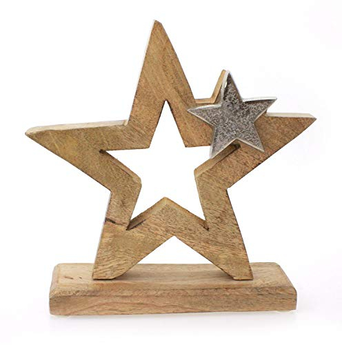 TEMPELWELT Deko Figur Stern Sternaufsteller 21 cm, Mangoholz Holz massiv Natur braun Aluminium Metall Silber, Winterstern Weihnachtsstern Sternfigur