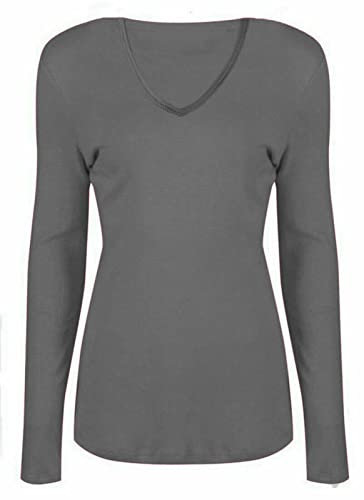 WearAll New Ladies V Neck Long Sleeve Stretch Top Plus Size Womens Plain T-Shirt Dark Grey 24/26
