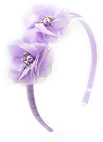 PrettyBoutique Chiffon Pearl Rhinestone Flowers Girls Alice Headband Hair Band (Lilac)