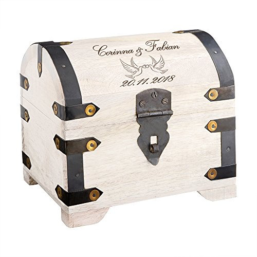 Casa Vivente Schatztruhe mit Gravur zur Hochzeit, Motiv Tauben, Personalisiert mit Namen und Datum, Schmuckkästchen aus weißem Holz, Geldgeschenke