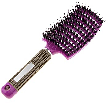 Haarbürste Wildschweinborsten, gebogene Vent Haarbürste, Eberborsten Haarentwirrende Bürste für dick, dünn, lockig & nasse Haare - Lila