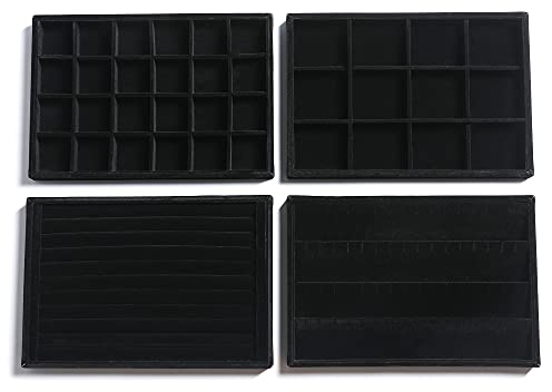 Frebeauty Stapelbare Samt-Schmuck-Organizer-Ablagen für Schubladen Einsätze Schmuckaufbewahrung Vitrinen Ohrstecker Armbänder Halsketten Ringe Zubehör Tabletts für Frauen(4er-Set,Schwarz)