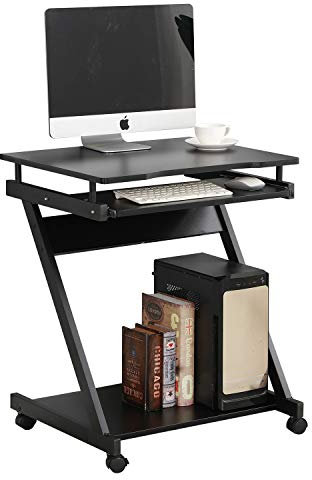 DlandHome Computertisch mit 4 Rollen Z-Form 60 x 48 x 73 cm PC-Tisch mit Tastaturablage & Ablagefach Arbeitstisch Freizeittisch Schwarz
