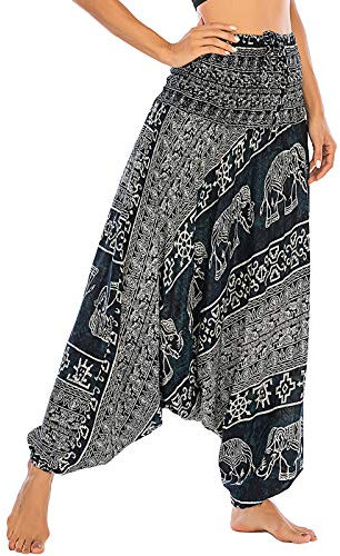 Nuofengkudu Ladies Harem Trousers Patterned Off The Shoulder Jumpsuit Loose Romper High Waist Drop Crotch Pants Fisherman Summer Beach Loungewear(S-Elephant Black)