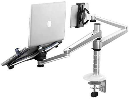 Henxiyi 2 in 1 360 Degree Rotating Double Arm Tablet Laptop Stand for Desk Adjustable Height Rotatable Monitor Holder Workstation Support for 10-16 inch Notebook/Laptop and Tablet PC 7-10 inch