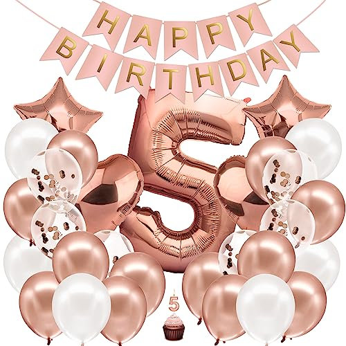 envami® Geburtstagsdeko Mädchen Rosegold Zahl 5. Happy Birthday Deko Geburtstag Mädchen Folienballon 5 Luftballon 5. Geburtstag Kindergeburtstag Deko