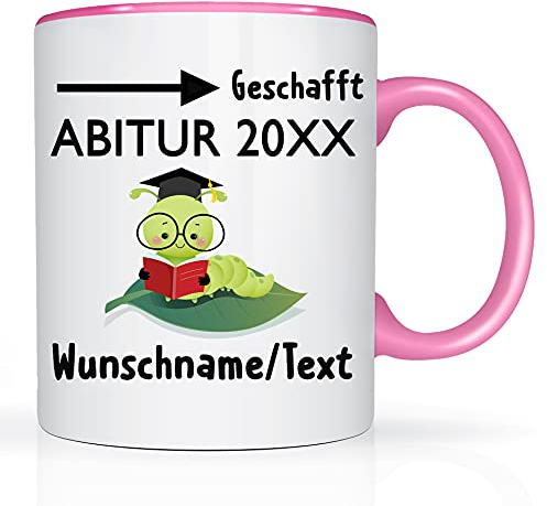 Print-Klex Tasse mit Namen und Abitur Motiv Bedruckt Namentasse Namensbecher mit Abitur Motiv Geschenktasse Weiß/Rosa Kaffeebecher Geschenk Becher Spruchtasse Keramik mit Druck 330ml Tasse mit Text