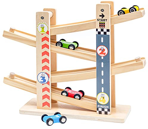 Wooden Car Ramp Toys|Zig Zag Cars Slide|Toddler Toys Wooden Race Track with 4 Wood Cars for 3 Year+ Old Boy Gifts