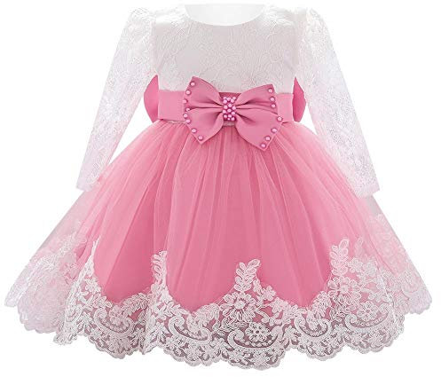 Odizli Robe de baptême bébé fille manches longues dentelle broderie princesse robe tulle mariage baptême tutu robe de bal, Grains de rose, 18-24 mois