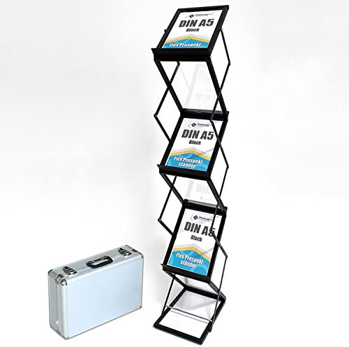 DisplayLager - Prospektständer, Faltbar Inkl. Tragekoffer aus Alu. Bodenprospektständer Hochformat Falt-Prospektständer (Schwarz, A5)