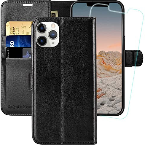 MONASAY Wallet Case for iPhone 12 Pro/iPhone 12 5G,6.1-inch[Glass Screen Protector Included] [RFID Blocking] Flip Folio Leather Cell Phone Cover with Credit Card Holder for iPhone 12/12 Pro,Black