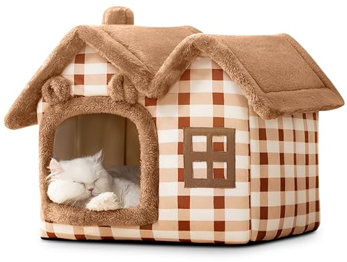 ALLSOPETS Katzenhaus Hundehöhle Hundehütte Indoor Faltbares Hundehaus mit Dach & Abnehmbarem Kissen, Warmes Waschbares Katzennest für Katzen Welpen Kleine Hunde (Braunbär, M)