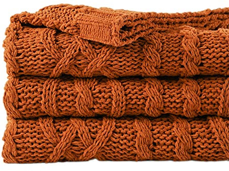 Battilo Caramel Throw Blanket for Sofa, Chenille Rust Throw Blankets 130x170cm, Super Soft Warm Cable Knit Throw, Boho Decorative Autumn Fall Throw Blanket for Bed Chair Couch Living Room