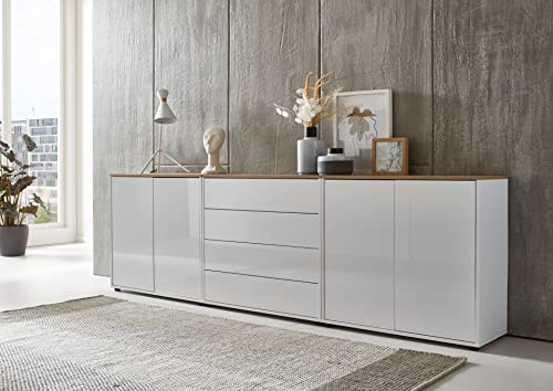 BMG Möbel Kommode Mailand Set 5 Artisan (in Weiß-Oberboden Artisan Eiche/Hochglanz Weiß), Schubladenkommode Anrichte Sideboard