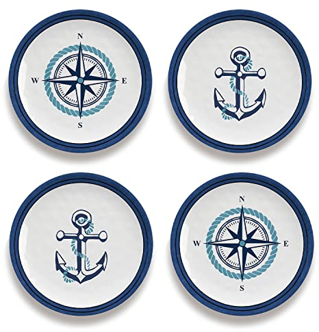 Abode Homewares TarHong Nautischer Anker Set mit 4 verschiedenen Vorspeisen-Tellern, reines Melamin, 17,3 cm