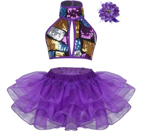 Freebily Vestito Danza Classica Bambina Paillettes 3Pcs Top Gonna di Tutu Polsini Fascia Abito da Ballo Ballerina Vestito da Pattinaggio Artistica Costumi di Danza Viola 3-4 Anni