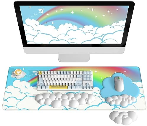 AJAZZ Ensemble de Repose-poignets pour Clavier et Souris(Ensemble de 5 Tapis de Bureau),Grand Tapis de Souris et Clavier Repose-poignet et Souris Repose-poignet et Sous-verre,pour Maison/Bureau/PC