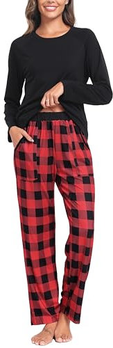 Lovasy Pyjama Coton Femme Long Ensemble de Pijama Hiver Chaud Vêtement de Nuit 2 Pièces Cofortable Haut à Manches Longues Sleepwear Maison Costume à Carreaux Rose M