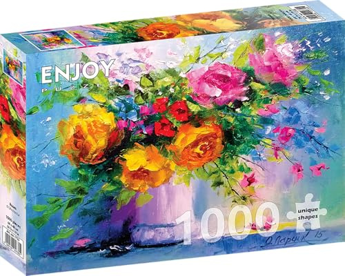 1000 Pieces Jigsaw Puzzle for Adults – Matte Finish, Soft Touch, Sturdy and Unique Pieces, Tight Fit, Vivid Colors, Missing Pieces Service – Yellow and Pink Roses in Flowers Bouquet – by ENJOY Puzzle
