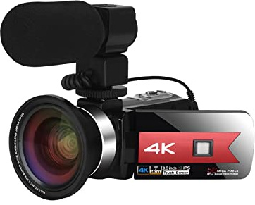DELURA Weitwinkelobjektiv, 56 MP, Digitale Videokamera for Live-Streaming, 4K-UHD-Camcorder, Nachtsicht-Mikrofon, Vlog-Recorder HD Kamera (Color : Red, Size : 64G SD Card)