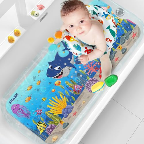 XIYUNTE Badewannenmatte rutschfest Kinder - 100% BPA frei, Extra Komfortabel Antirutschmatte Badewanne Antibakteriell, 100x40cm Baby Duschmatte mit Saugnäpfen & Maschinenwaschbar, Hai