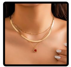 Clataly Klee Blume Halskette Bunte Fünf-Blatt Choker Halskette Mehrschichtige Schlange Knochen Kette Einstellbarer Schmuck für Frauen Mädchen (Rot)