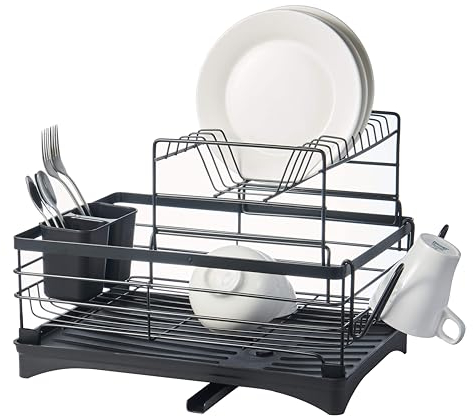 Eden & Willow 2-Tier Stainless Steel Dish Drying Rack | Adjustable Drainage Spout & Detachable Cups and Utensils Holder | Rust-proof Large Dish Drainer for Kitchen Counter