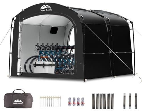 Happy Travel Bike Storage Tent, Outdoor 8×7×6.3ft Large 2-in-1 Portable Shed More 30% Top Space W/Double Doors with Mesh, Outside Lawn Mower Shelter and Bicycle Cover for Patio Furniture, Garden Tools