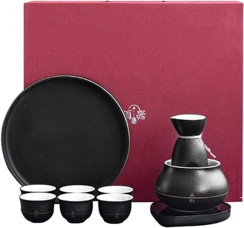 Set per Sake con scaldavivande, Set Tradizionale per saka Caldo da 10 Pezzi Incluso 1 fornello per Candele, 1 Tazza riscaldante, 1 pentola per Sake, 6 Tazze per Sake e 1 Vassoio,B (B)