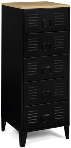 IDMarket - Chiffonnier 5 Schubladen Ester 40 cm schwarzes Metall und Platte in Buchenholzoptik Industriedesign