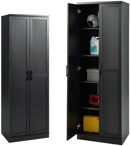 KOMFOTTEU Mehrzweckschrank mit Doppeltür, Aufbewahrungsschrank Hochschrank Holz mit verstellbaren Einlegeböden, Haushaltsschrank Garderobenschrank 59x43,5x178cm (Schwarz)