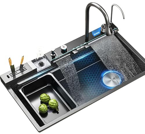 Lavello Da Cucina Multifunzionale Lavello In Acciaio Inox 304 Nero/Bianco/Oro Lavello A Vasca Singola Rubinetto A Cascata Accessori Completi (Black-B, 88x48x23cm)