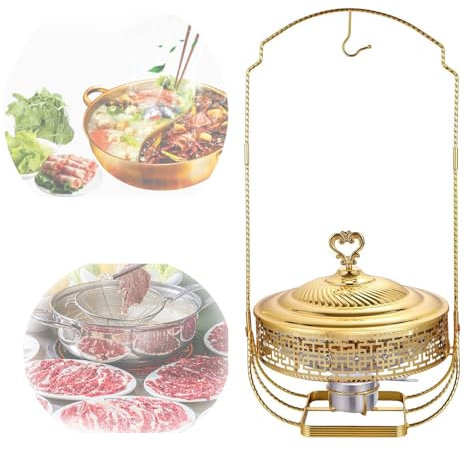 6L/8L Stainless Steel Food Warmer, Gold Chaffing Dishes with Hanging Lids, Chafing Dishes Buffet Set Luxury, Chaffing Servers with Fuel Stove, Round Buffet Plate, for Wedding Party Banquet Events
