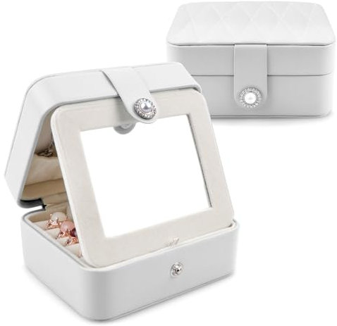 Homeanda Schmuckkästchen Reise,Tragbar Schmuckschatulle mit Spiegel, Schmuckbox PU-Leder für Ringe,Halsketten,Armbänder,Ohrringe(Weiß)