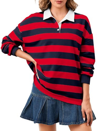 Soamat Women's Oversized Striped Polo Sweatshirt Long Sleeve Rugby Collared Pullover Tops Loose Fit Shirt, Red Blue, L