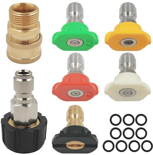 5 Pcs Pressure Washer Spray Nozzles Tips + 2 M22 14mm Quick Connect Kit + 10 O-Rings Replacement for 1/4 inch & 3/8 inch, 5 Degrees Quick Connection Tips, Power Washer Fittings Wand Tips Set, 4000 PSI