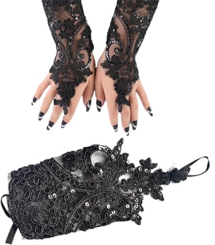 syiyunran Maleficent Kostüm Damen - 1 Paar Ladies Black Feather Lace Fingerless Long Gloves für Hochzeit Halloween Kostüme Schwarz Feder Handschuhe Vintage Spitzenhandschuhe Gothic Netzhandschuhe