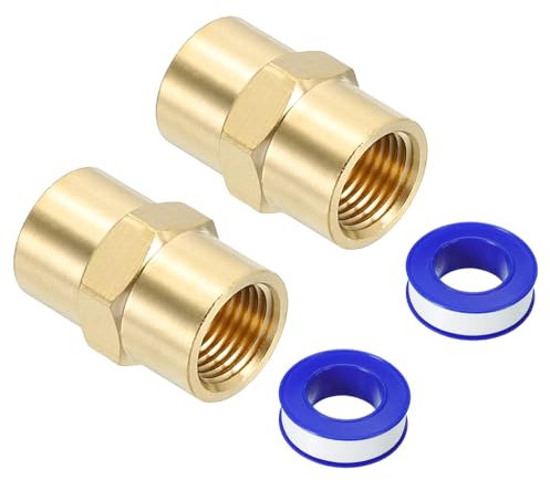 PATIKIL 1/8 x 1/8 Acoplador de latón NPT con cinta selladora, 2 juegos de acoplamiento de tubería hembra con cabeza hexagonal para tuberías de fontanería doméstica, acoplamiento, dorado