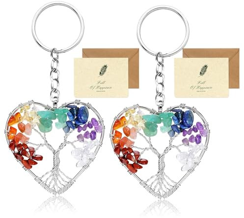 Arbre de Vie Porte Clef Original, 2 Coeur 7 Chakra Guérir Cristal Arbre de Vie Porte Clef Femme Chic Bijoux Pendentif Porte Clé Porte Bonheur avec 2 Carte