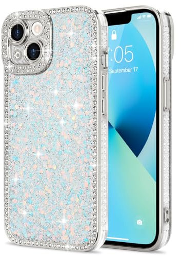 Lafunda for iPhone 13 Case for Women Girls, Luxury Bling Glitter Diamonds Crystal Festival Shiny Case Camera Protection Shockproof Silicone TPU Phone Cover for iPhone 13 6.1, White