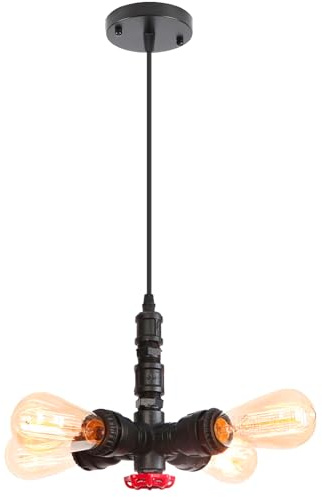 iDEGU Vintage Pendelleuchte, 4 Lichter Hängelampe Wasserrohr Design Industrie Lampe mit E27 Fassung Kronleuchter Retro Hängeleuchte für Esszimmer, Wohnzimmer, Cafe, Restaurant (Schwarz)
