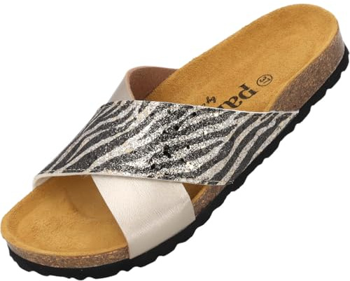 Palado Pantoletten Damen Rianel Wild by Sila Sahin - elegante Sandalen Made in Spain - bequeme Hausschuhe mit Kork-Fußbett - modische Sommerschuhe Taupe Zebra UK3,5 - EU36