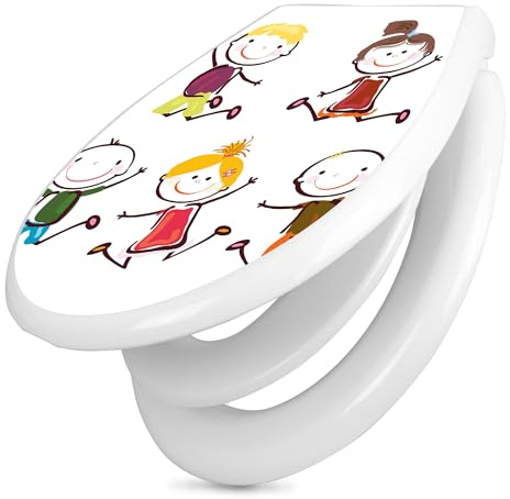 banjado Familien WC Sitz mit Absenkautomatik 44,9x37,1cm - Klobrille mit Kindersitz aus hochwertigem Polypropylen - Toilettendeckel mit Kinder Toilettensitz integriert - Motiv Happy Kids