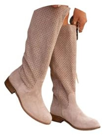 ORANDESIGNE Stivali Western Estivi da Donna Alla Caviglia Motivo Traforato Stivali da Cowboy in Camoscio Boho chic A Cachi 38 EU