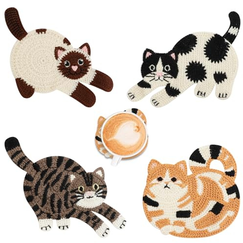 OT-NVWOZR Creative Cute Cat Coaster, Funny Crochet Drink Coasters for Desk, Woven Coasters Gifts for Cat Lovers, Knitted Insulation Tea and Coffee for Home Office Bar Table Decor (4, Style B)