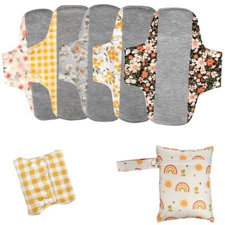 AIO Reusable Cloth Menstrual Pads, Heavy Flow Washable Sanitary Pads with Graphene Inner Layer, Waterproof TPU Outer Layer, Anti-Slip Cloth Pads for Women, 5 PCS Cloth Pads + Mini Wet Bag, Size(L)