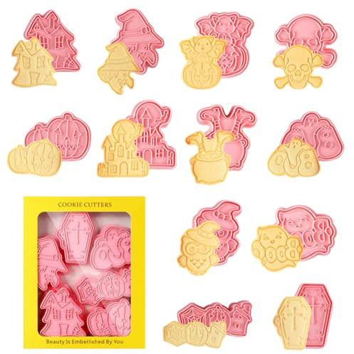Halloween Ausstechformen Set, 12PCS Hallo-ween Keksausstecher 3D Kunststoff Ausstecher Gebäck Fondant Formen Keksstempel Werkzeug DIY Plätzchenausstecher für Halloween Dekorationen Partyzubehör
