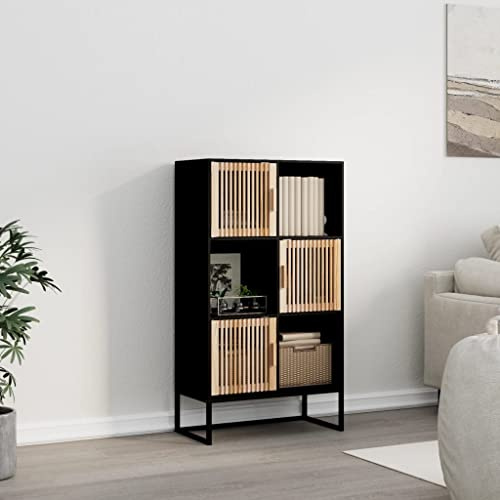 Runheo Highboard Schwarz 70x35x125 cm, Holzwerkstoff Kiefernholz, Standfestes Sideboard mit 3 Türen für Wohnzimmer Küche, Vielseitiger Stauraum